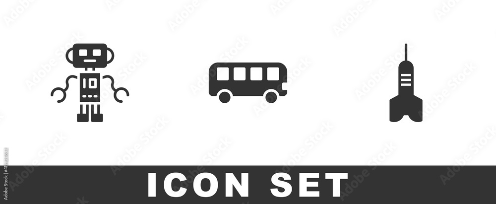 Poster set robot toy, bus and dart arrow icon. vector.