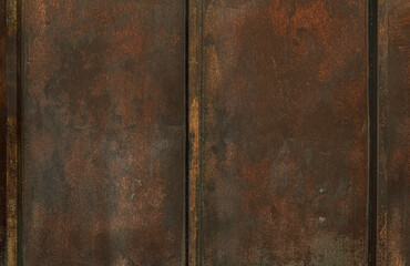 Texture of old rusty grungy metal sheet. Uneven aged rough bumpy surface. Corrugated painted wall of smudged iron. Rusted hard pitted retro garage door. Vintage dirty destroyed roof for grunge design
