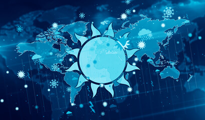 Weather symbols and icons on digital globe background