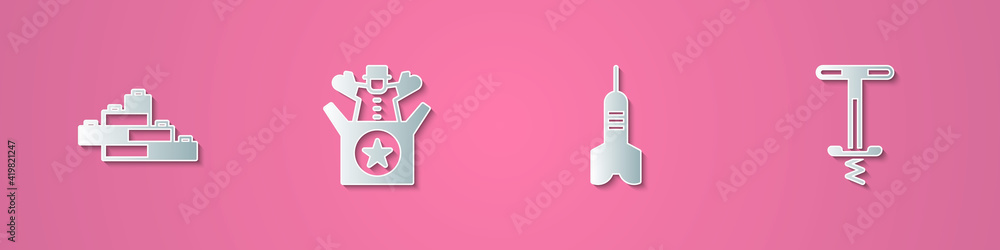 Poster set paper cut toy building block bricks, jack the box toy, dart arrow and pogo stick jumping icon. p