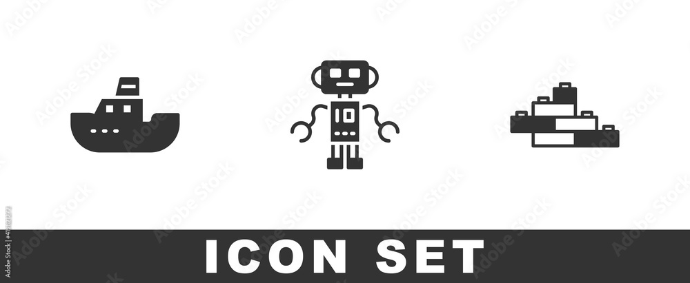 Poster set toy boat, robot toy and building block bricks icon. vector.