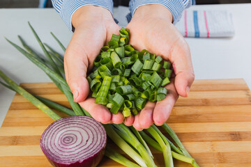 Hands holding chopped green onions.