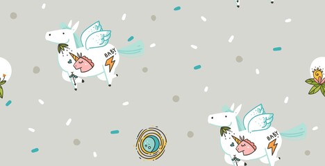 Hand drawn vector abstract graphic creative cartoon illustrations seamless pattern with cosmonaut unicorns with old school tattoo and planet in cosmos isolated on grey modern background
