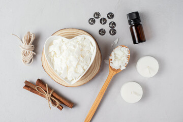 Basic set for home-made natural white eco soy wax candles in glass, wick, perfume. Idea for a...