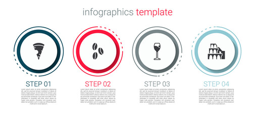 Set Slice of pizza, Coffee beans, Wine glass and Coliseum Rome. Business infographic template. Vector.