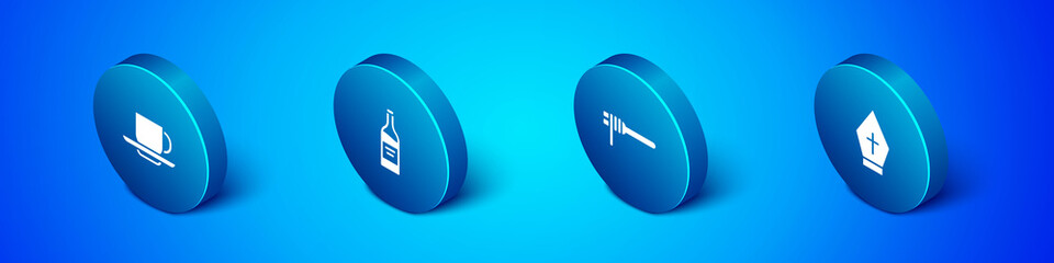 Set Isometric Coffee cup, Pasta spaghetti, Pope hat and Bottle wine icon. Vector.