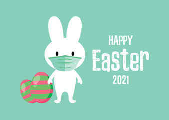 Easter bunny wearing medical mask on face to prevent Covid-19 vector. Funny coronavirus easter 2021 greeting card. Cute easter bunny with protective surgical mask and with colored eggs icon vector