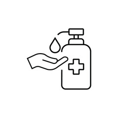Washing hand with sanitizer liquid soap line icon