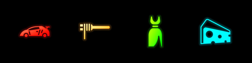 Set Sport racing car, Pasta spaghetti, Woman dress and Cheese icon. Vector.