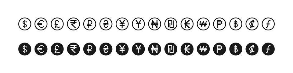 Currency vector icons. World money symbols collection. Currency icons, isolated. Vector illustration