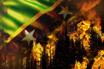 Forest fire natural disaster concept - flaming fire in the trees on Saint Kitts and Nevis flag background - 3D illustration of nature