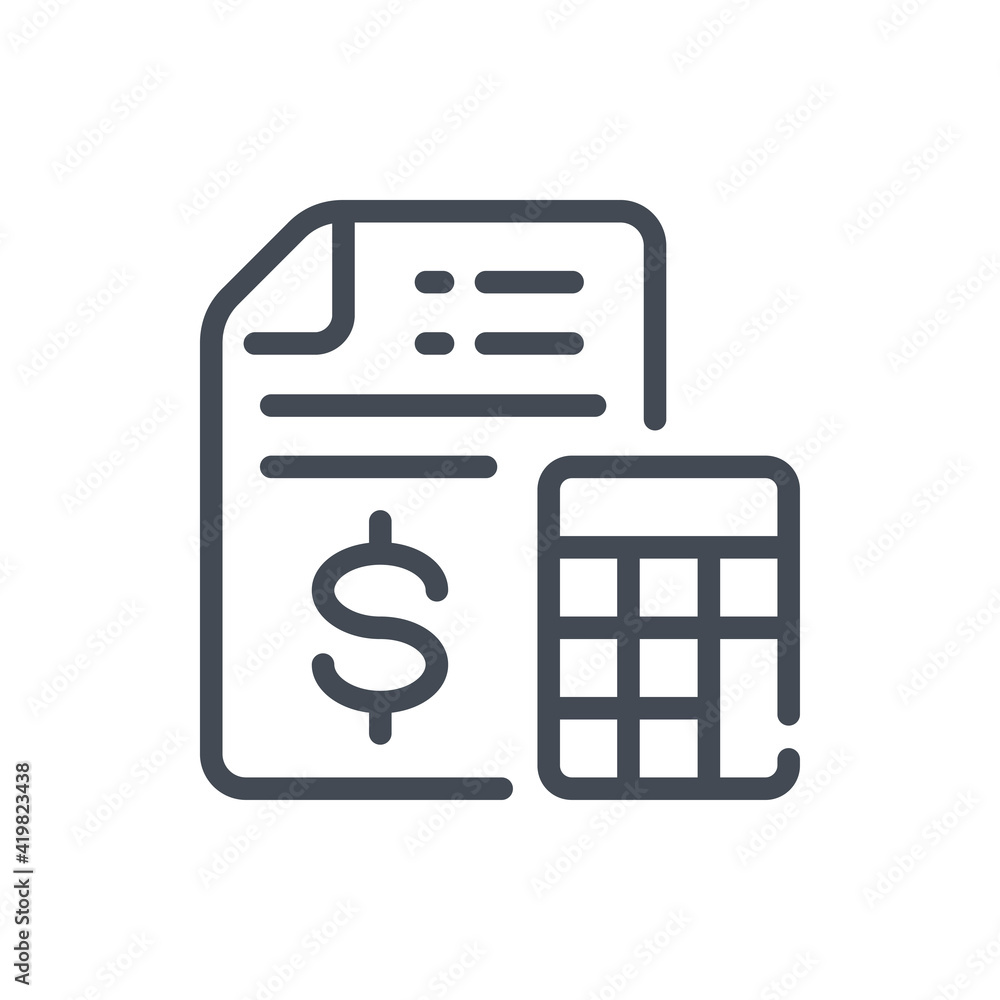 Poster accounting and financial calculation line icon. finance document and calculator vector outline sign.