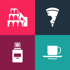 Set pop art Coffee cup, Perfume, Slice pizza and Coliseum in Rome icon. Vector.
