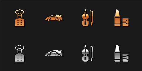 Set Italian cook, Sport racing car, Violin and Lipstick icon. Vector.