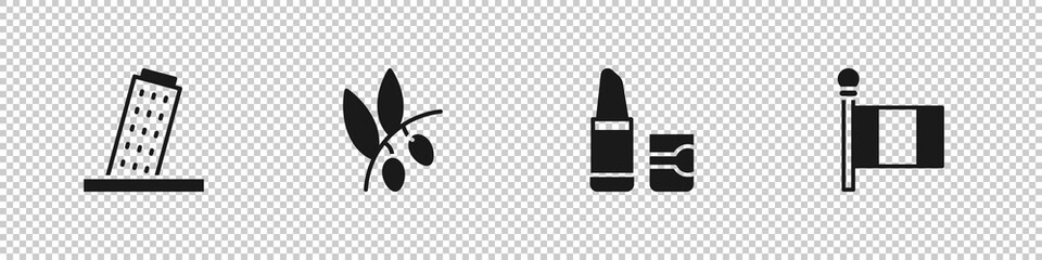 Set Tower in Pisa, Olives branch, Lipstick and Flag Italy icon. Vector.