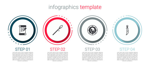 Set Decree, parchment, scroll, Medieval spear, Ancient Greek coin and Dagger. Business infographic template. Vector.