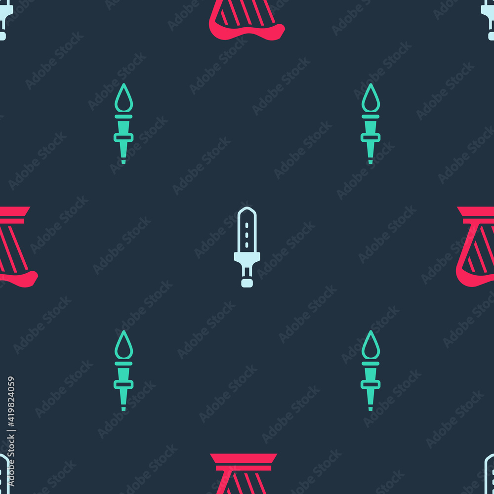 Poster set harp, medieval sword and torch flame on seamless pattern. vector.