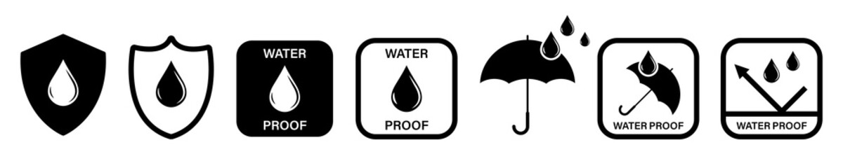 Water Proof icons. Collection of water resistant signs. Vector isolated on white - obrazy, fototapety, plakaty