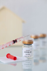Vial  with COVID-19 vaccine and syringe. Closeup.