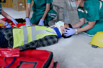 First aid for injuries in work accidents. Using first aid equipment support to loss of feeling or...
