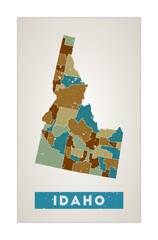 Idaho map. Us state poster with regions. Old grunge texture. Shape of Idaho with us state name. Charming vector illustration.