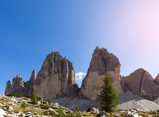 Peaks of famous mountains Tre Cime di Lavaredo. South Tyrol, Italy