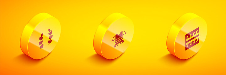 Set Isometric Laurel wreath, Body armor and Ancient Greek pattern icon. Vector.