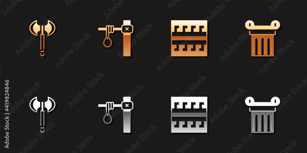 Sticker set medieval axe, gallows, ancient greek pattern and column icon. vector.