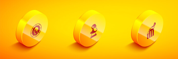 Set Isometric Ancient Greek coin, bust sculpture and Broken ancient column icon. Vector.
