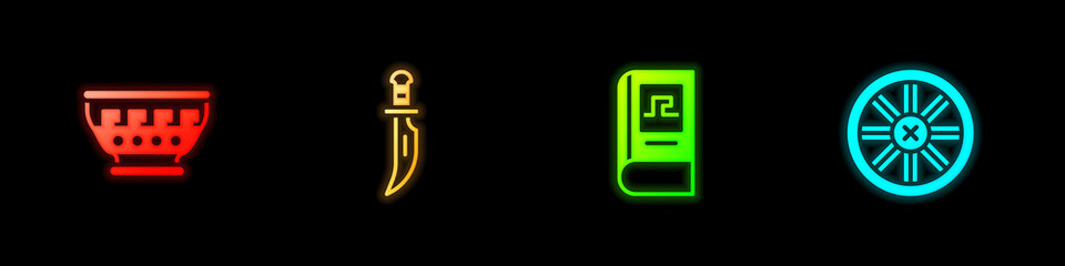 Set Greek ancient bowl, Dagger, history book and Old wooden wheel icon. Vector.