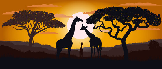 Silhouette of giraffes of the African savannah. Scenery. Africa. Bright vector illustration. Wildlife.