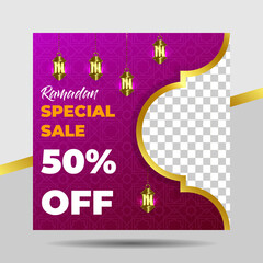 Luxury Magenta and Gold Ramadan Kareem Sale Or Discount Social Media Template for Banner, Ads, Advertising, Greeting Card, Poster, and Others Media Promotion.