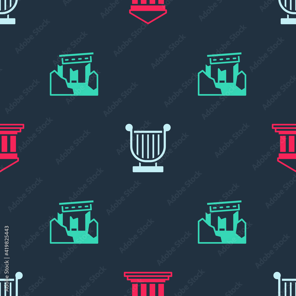 Poster set parthenon, ancient lyre and ruins on seamless pattern. vector.