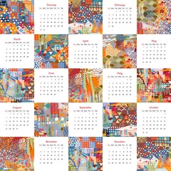 Calendar for 2022 year with abstract colorful patterns. Square design. Vector illustration.