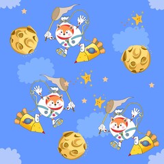 Fairytale seamless pattern with funny little foxes - astronauts in open cosmos. Rockets, moon, planets and stars against blue sky. Wallpaper, fabric print for baby.