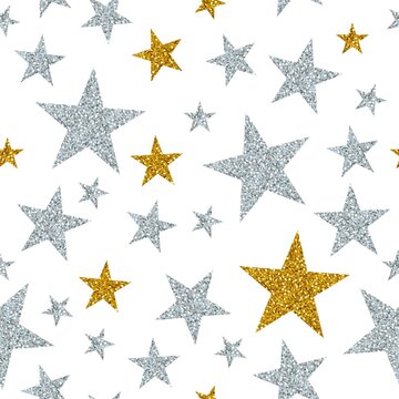 Silver and gold stars on white background. Seamless vector pattern.