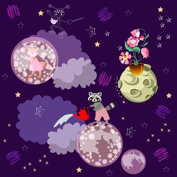 Beautiful endless pattern with cute cartoon animals on fantasy planets and aliens in space against night sky. Wallpaper or print for baby fabric.
