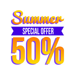 Vector illustration of "summer special offer 50%" lettering on white background.