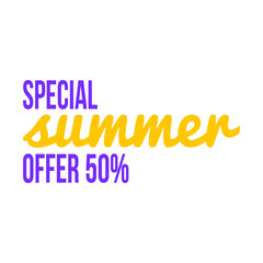 Vector illustration of "summer special offer 50%" lettering on white background.