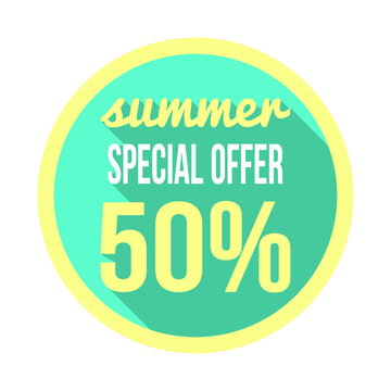 Vector illustration of "summer special offer 50%" lettering on white background.