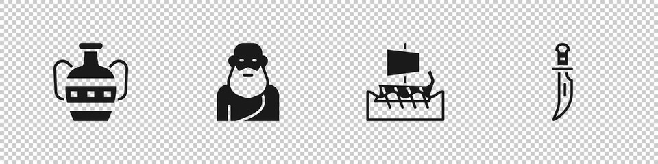 Set Ancient amphorae, Socrates, Greek trireme and Dagger icon. Vector.
