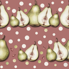 Pattern seamless pears in a row on red background