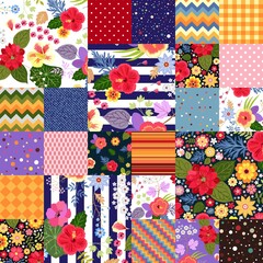 Colorful patchwork pattern with bright tropical flowers and geometric ornaments. Summer print. Seamless vector design. - 419826062