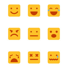 Vector illustrations set of square-shaped yellow emoji on white background. Emoticons/ smileys.