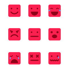 Vector illustrations set of square-shaped red emoji on white background. Emoticons/ smileys.