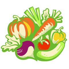 Fresh vegetables. Vector Retro style Harvest festival graphic illustration. Farm organic product on white background