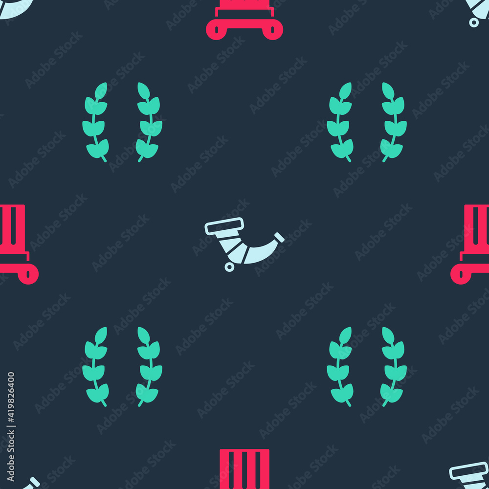 Poster set ancient column, hunting horn and laurel wreath on seamless pattern. vector.