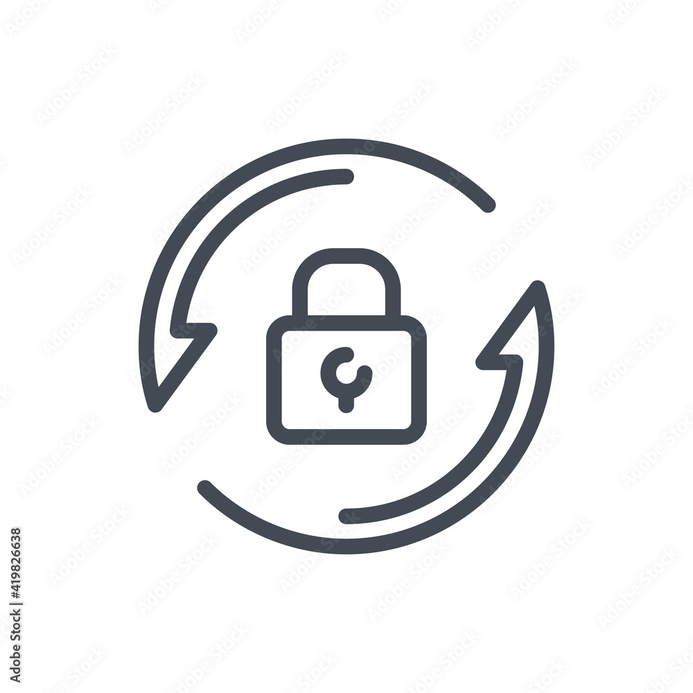 Poster change and reset password line icon. rotating arrows with lock vector outline sign.