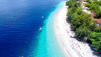 Aerial Gili Trawangan with turquoise water, Tropical island with white sandy beach and blue transparent water