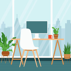 Interior with a workplace for a computer. Home office with houseplants and a large window, coworking space. Concept of remote work, freelancing, programming, coding, e-learning. Vector illustration